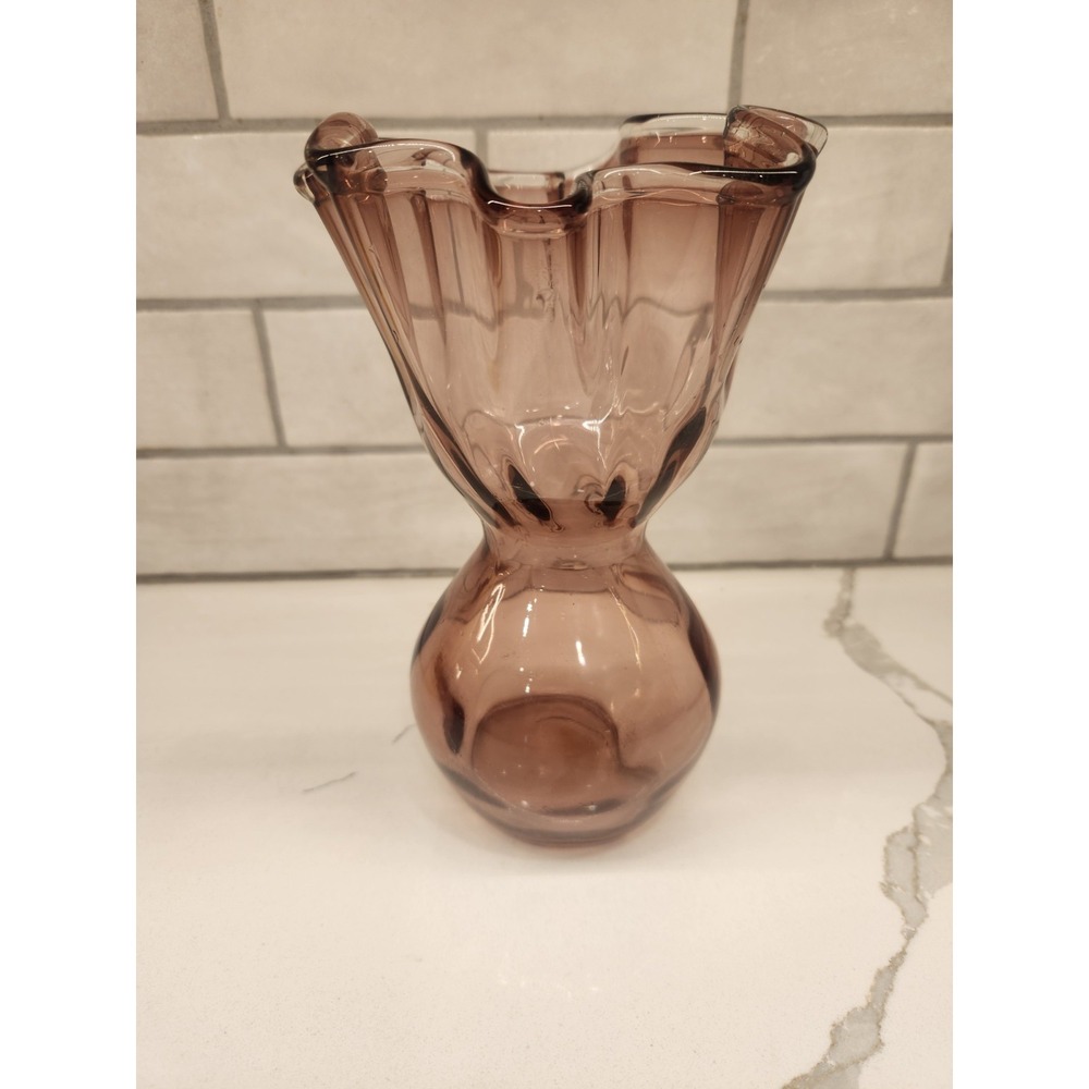 Vintage Lefton Art‎ Glass Ruffled Lavender Dusty Pink Hour Glass Bud Vase Japan